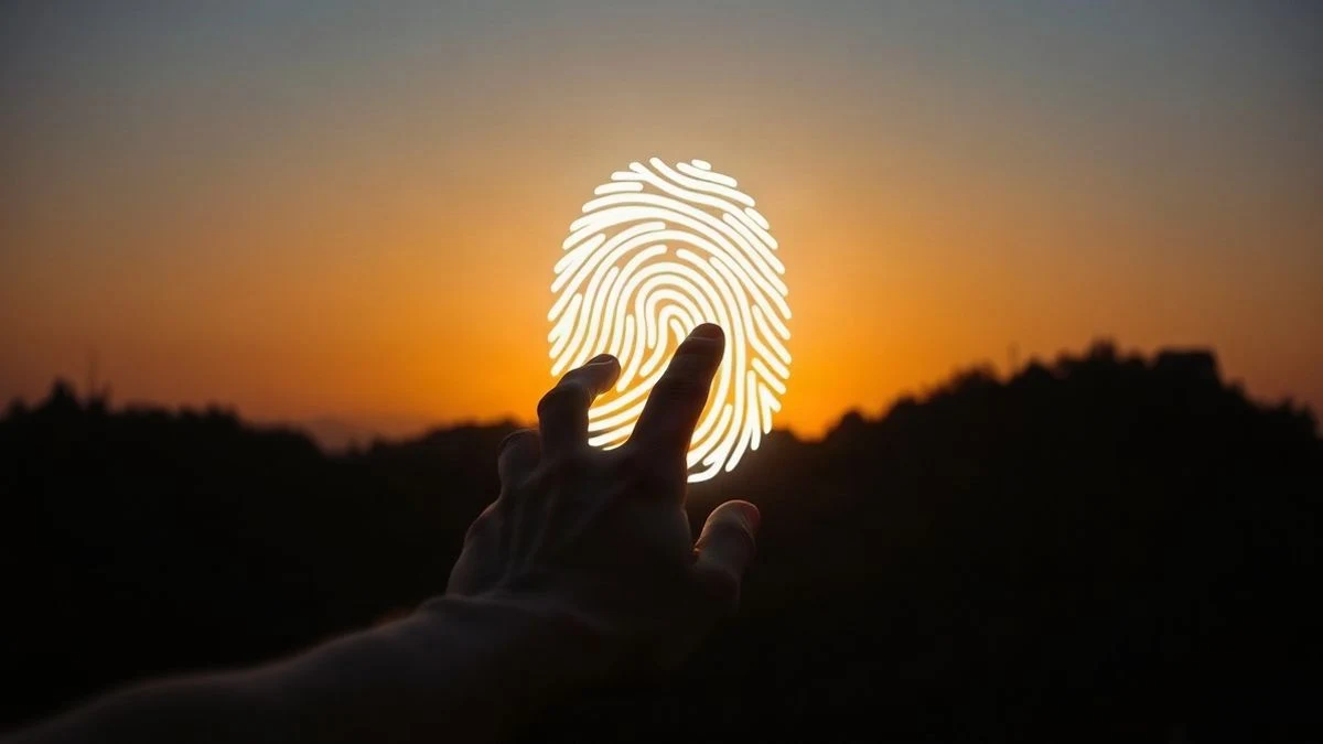 Illustrative image: a hand reaching towards a luminous fingerprint symbol, backlit at sunset with long shadows.