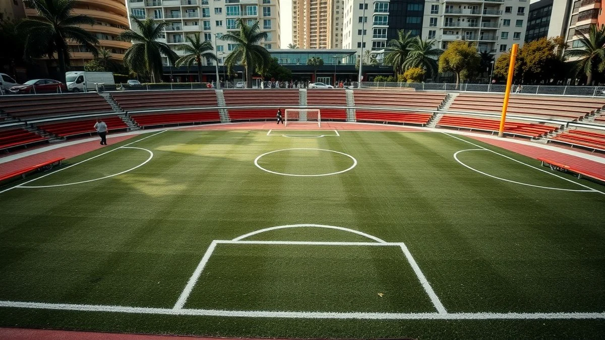 Football pitch installed at the Glorieta de los Insurgentes with stands around and buildings in the background