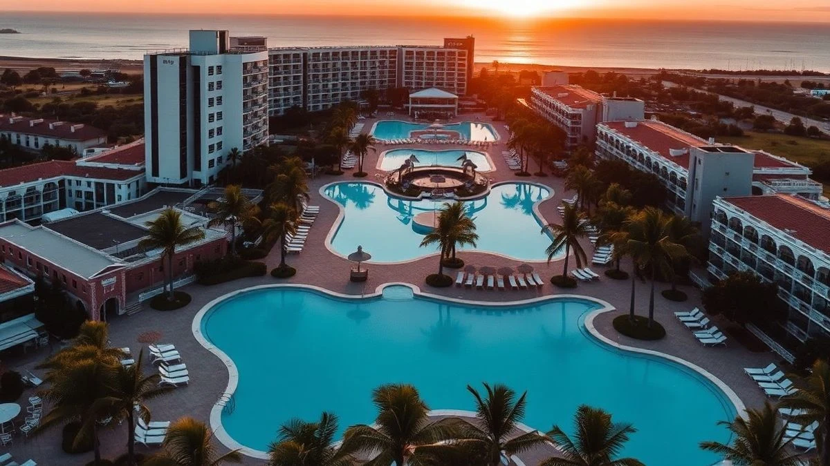 Aerial view of a luxury hotel complex in Maspalomas, Gran Canaria, at sunset