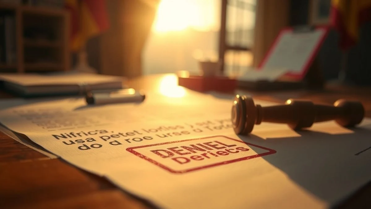 Official document with denial stamp and a pen on a wooden table lit by sunset