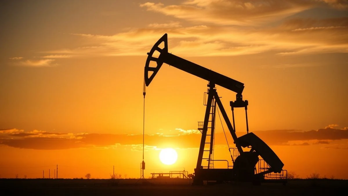 Illustrative image: silhouette of an oil rig at sunset with long shadows.