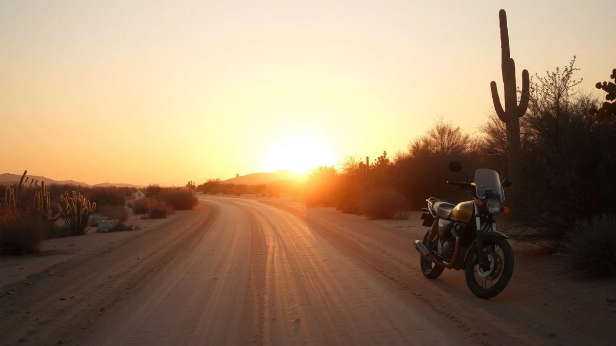 Dirt road in La Guajira at sunset with a parked motorcycle