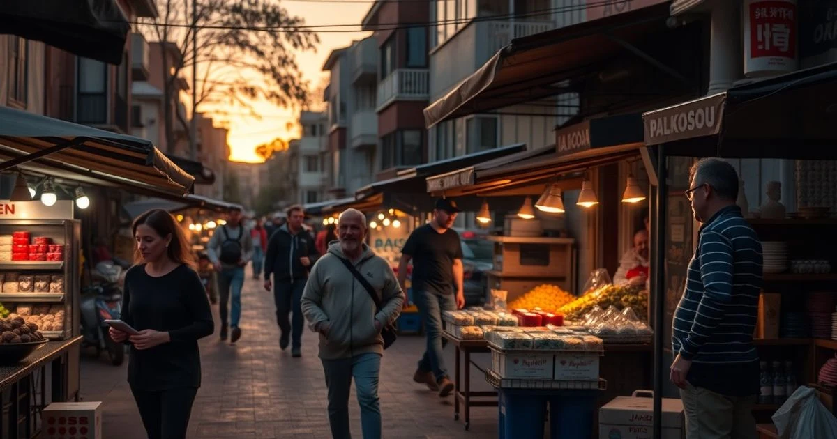 Street stall in an informal market in Buenos Aires at sunset
