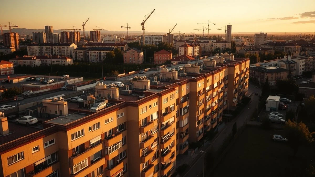 Illustrative image: aerial view of a residential area with apartment blocks and construction cranes at sunset.