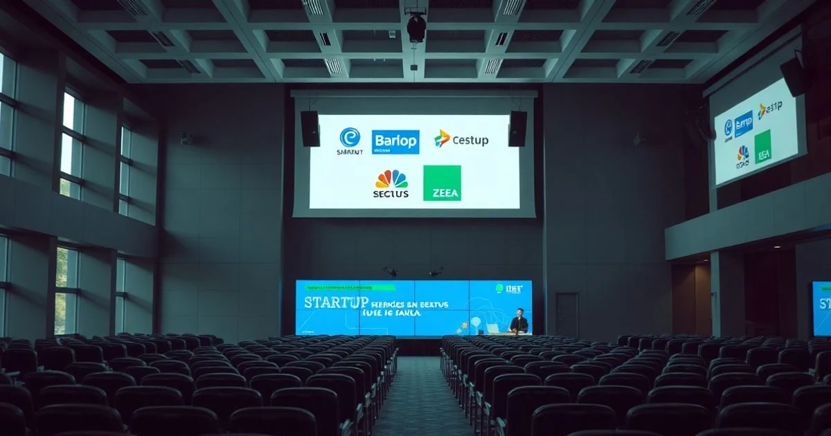 Empty conference with blockchain screen in Madrid
