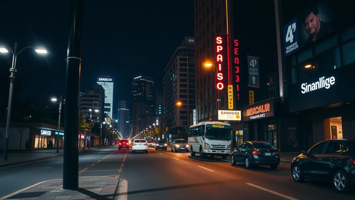 Calle nocturna en el barrio financiero de Santiago de Chile con farolas y neones, edificios de oficinas iluminados al fondo