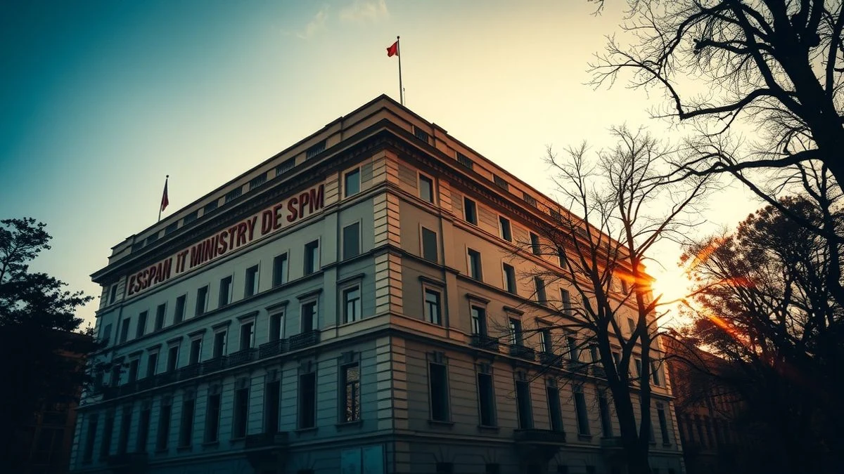 Facade of the Spanish Ministry of Economy at sunset with long shadows and backlighting