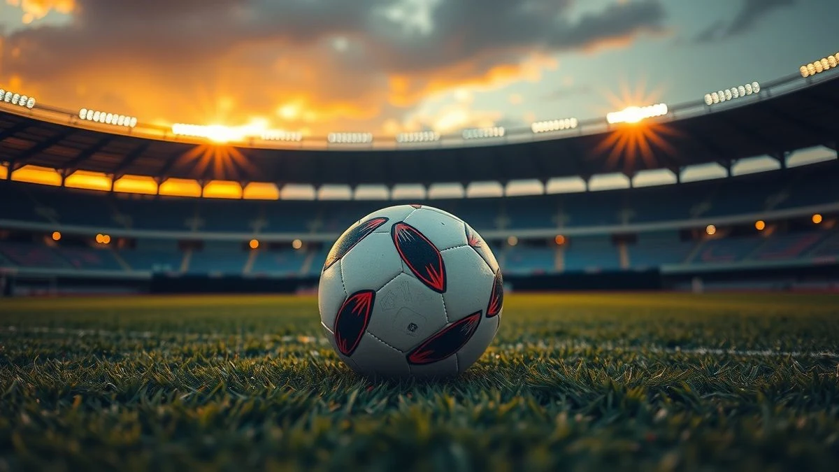 Football on the grass of an empty stadium at sunset, with the stands in the background