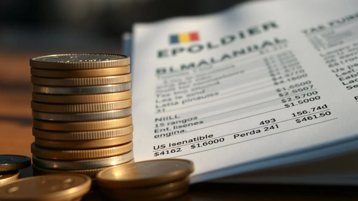 Coins and a financial document on a table, with soft natural light