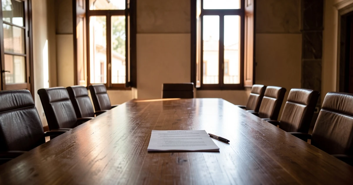 Sala de juntas vacía con mesa de madera y luz natural