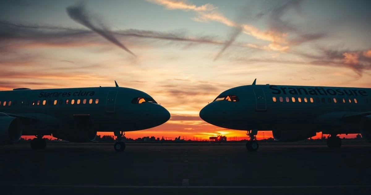 Dos aviones de aerolíneas enfrentados en una pista al atardecer, uno con librea roja y otro azul, sin logos visibles