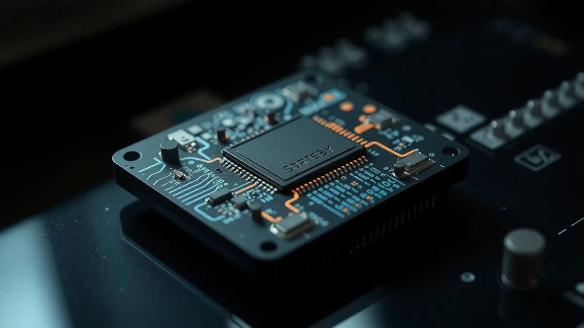 Close-up of a futuristic semiconductor chip with bright circuits on a reflective dark surface