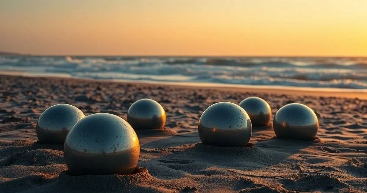 Seis esferas metálicas en una playa al atardecer, con el mar de fondo