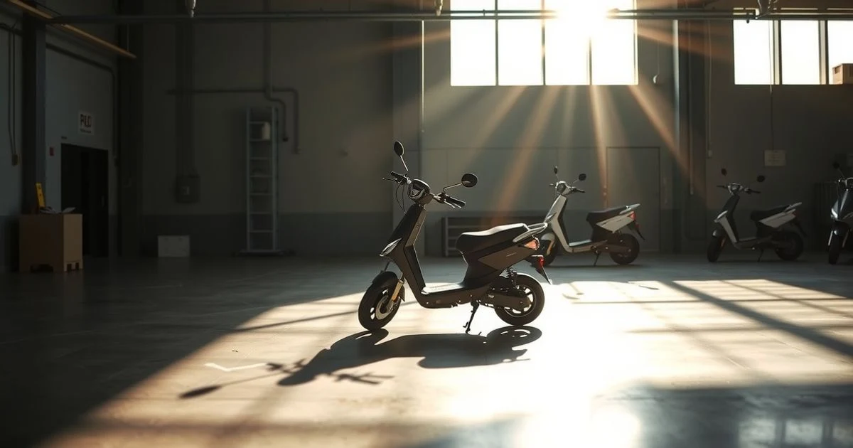 Empty assembly plant of Silence in the Zona Franca of Barcelona with an electric scooter under a spotlight