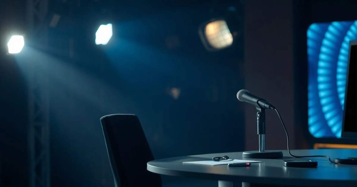 Empty television studio with a microphone and a chair, dramatic lighting