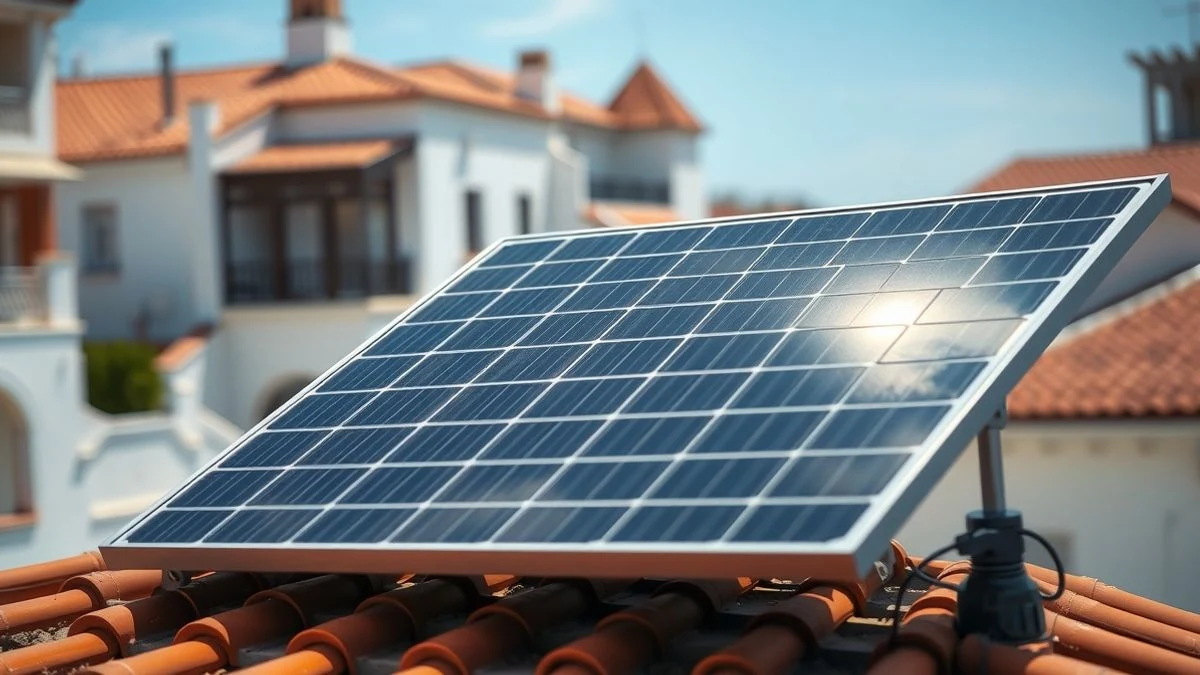 Photovoltaic solar panel on a red-tiled roof in a Huelva village at sunset.