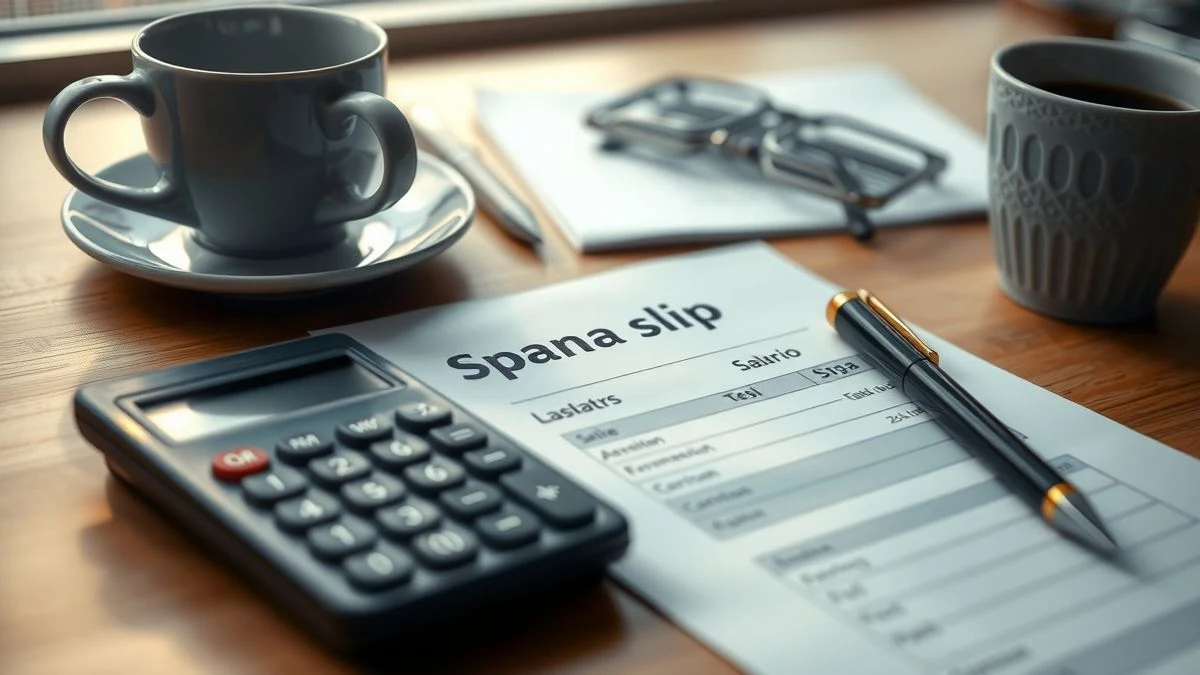 Payslip with pen and calculator on a wooden table with natural light.