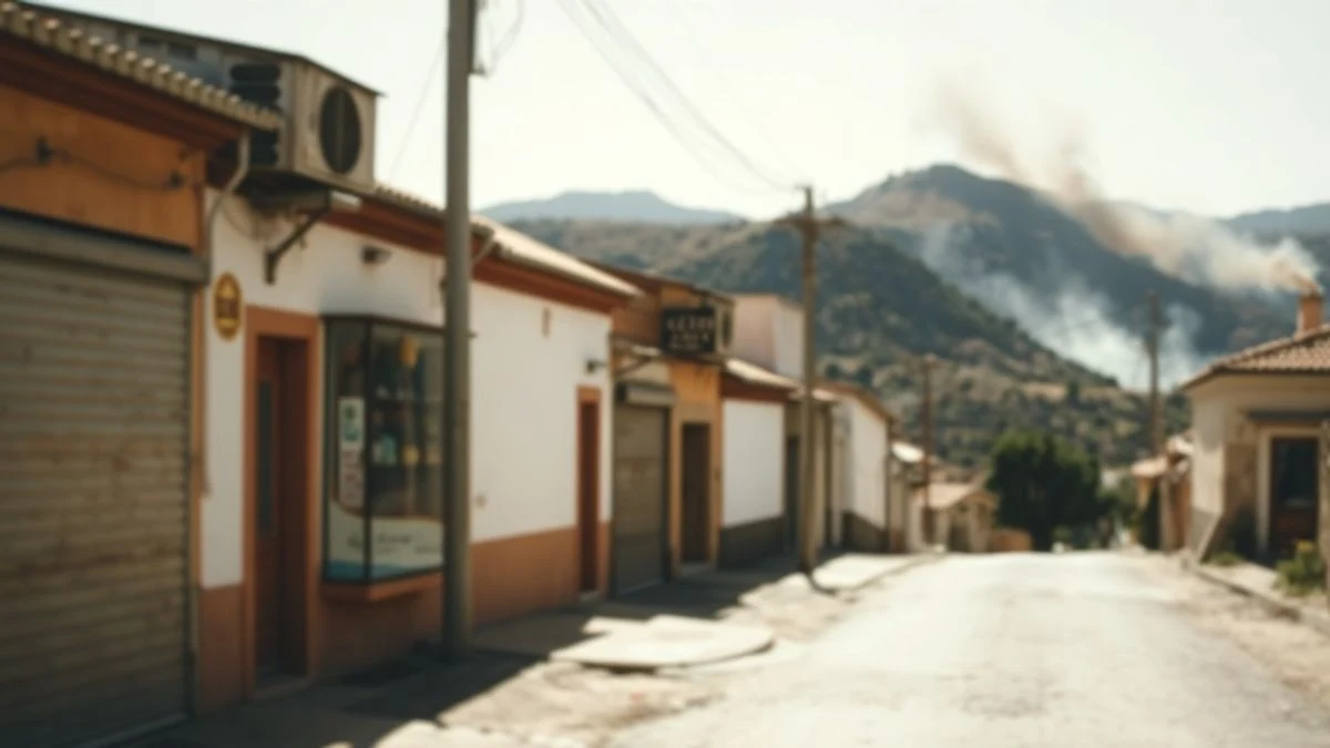 Imagen ilustrativa: calle de un pueblo con comercios y colinas quemadas al fondo