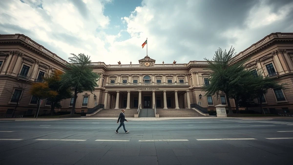 Facade of the Congress of Deputies in Madrid with a person walking away