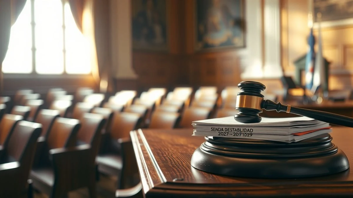 Desk in a chamber with a gavel and documents on the stability path