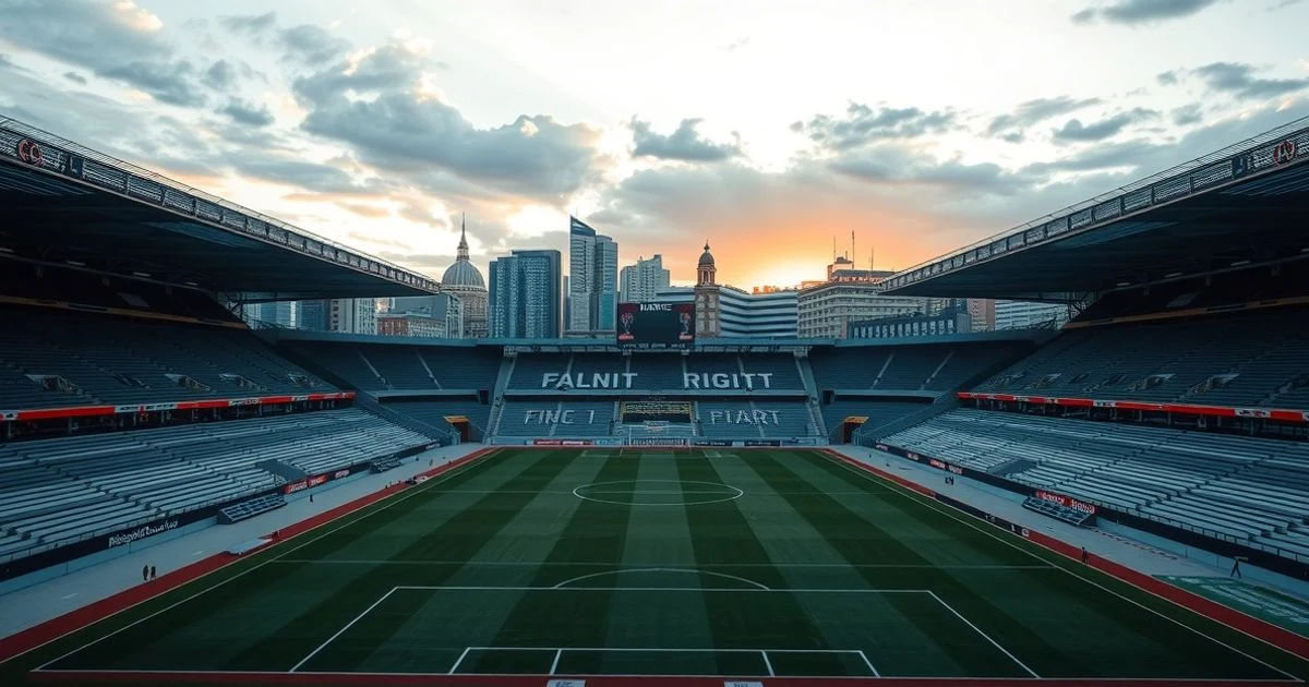 Empty football stadium at sunset with Madrid's financial skyline in the background