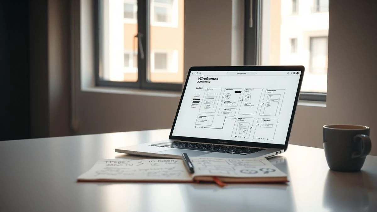 Office desk with laptop displaying wireframes, sketchbook, and coffee mug, soft natural light.