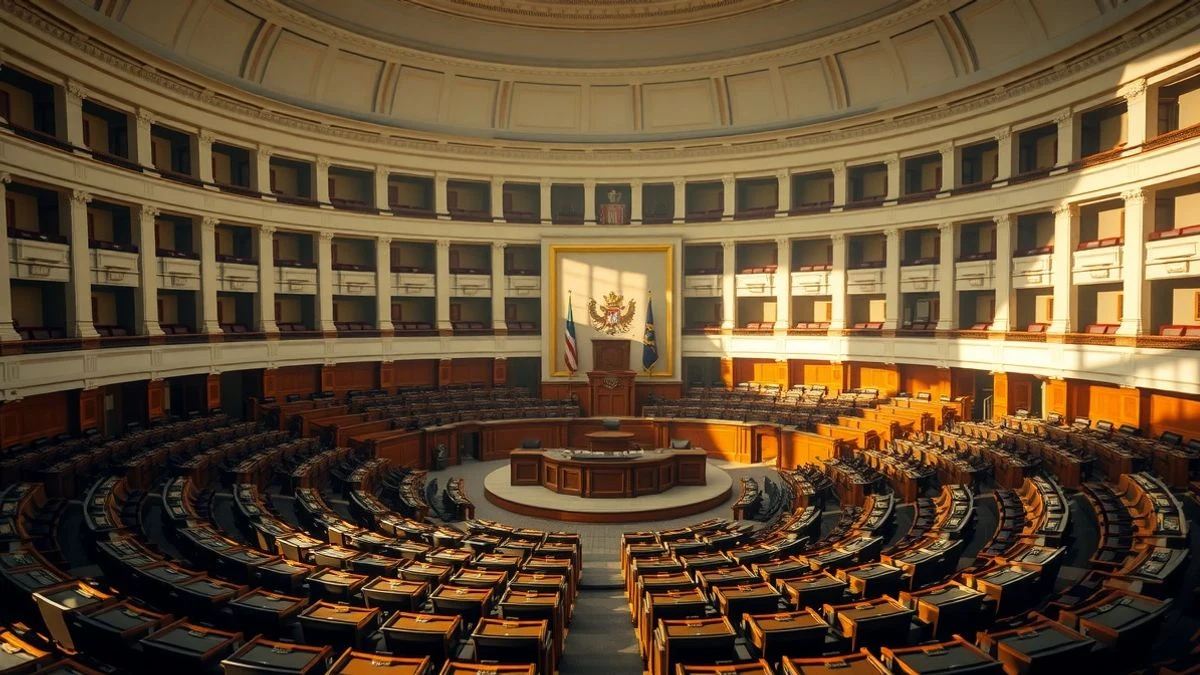View of the empty hemicycle of the Congress of Deputies in Madrid, with the seats and the speaker's podium