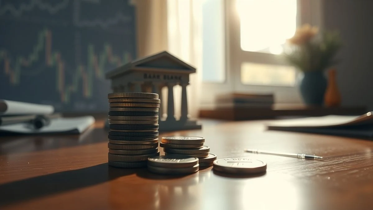 Illustrative image: stacked coins next to a bank model on a wooden table, with natural light and a blurred financial graph background.