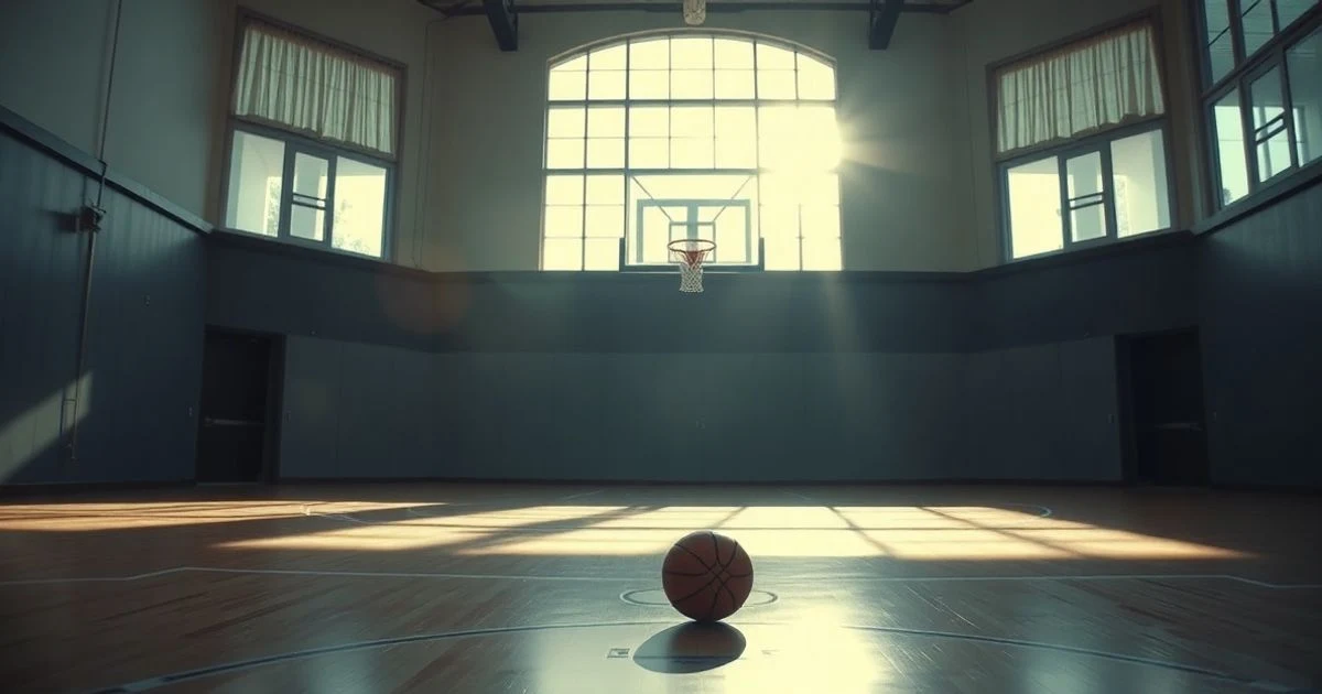 Canasta de baloncesto en pista vacía con luz natural de atardecer