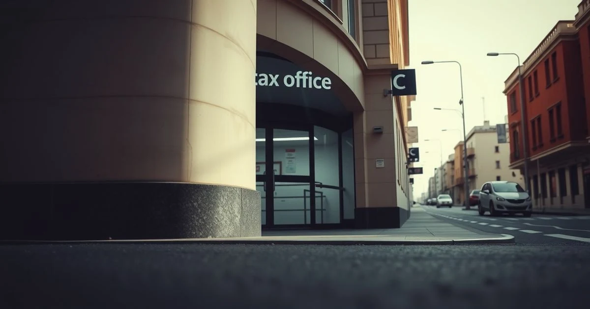 Facade of a Tax Agency office in Spain, with dim light and no people.