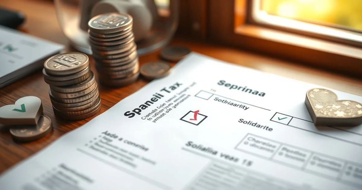 Income tax form with the solidarity box checked, coins, and a paper heart on a wooden table