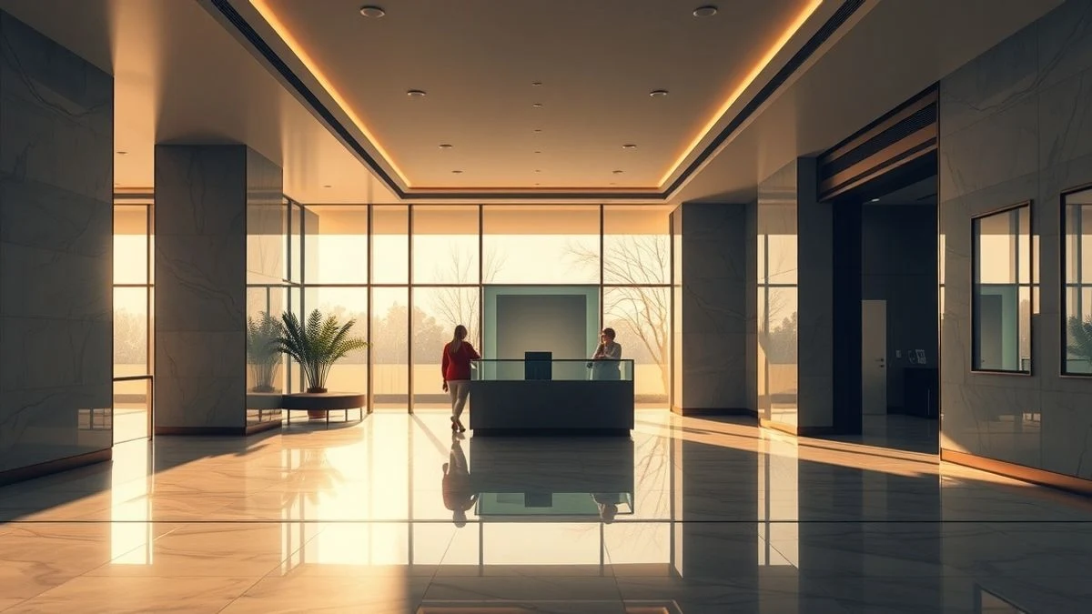 Illustrative image: interior of a modern bank branch with marble counter and natural light, without people.