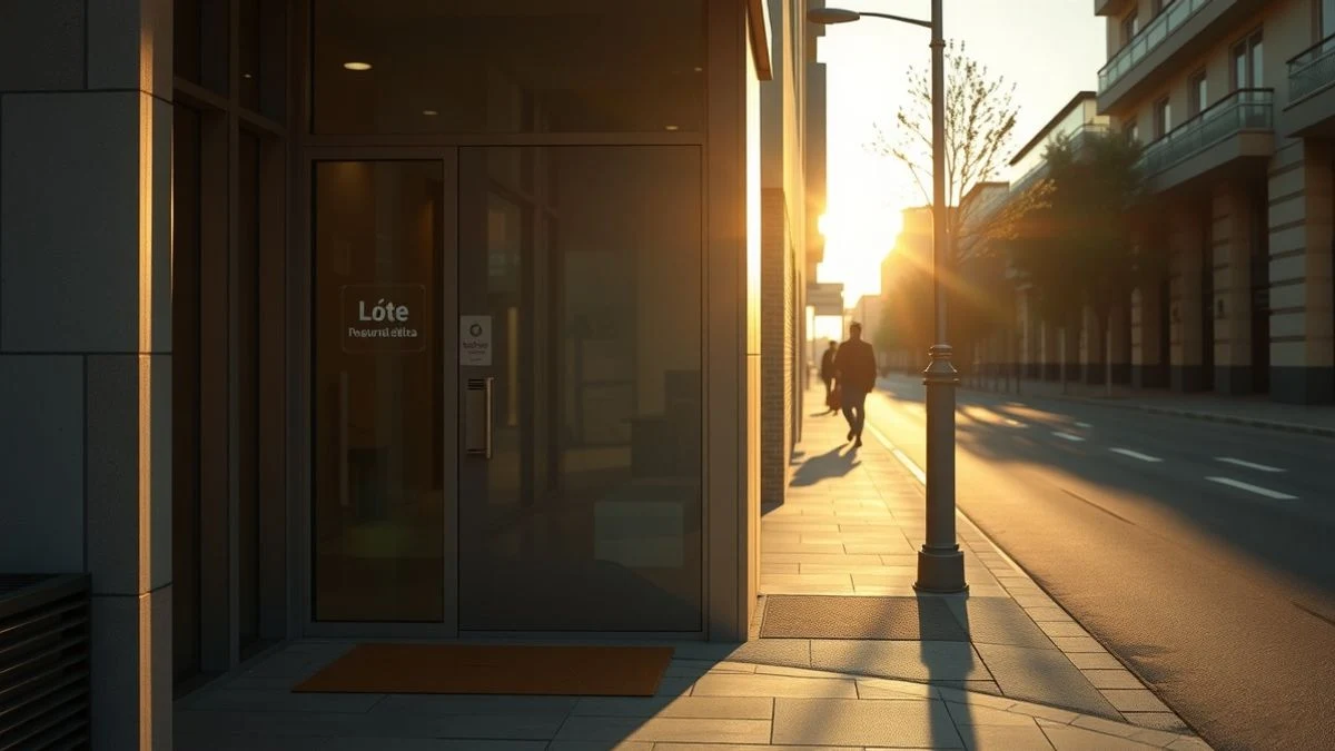 Entrance of an office building in Seville with a Marlex sign on the door, sunset light, no people