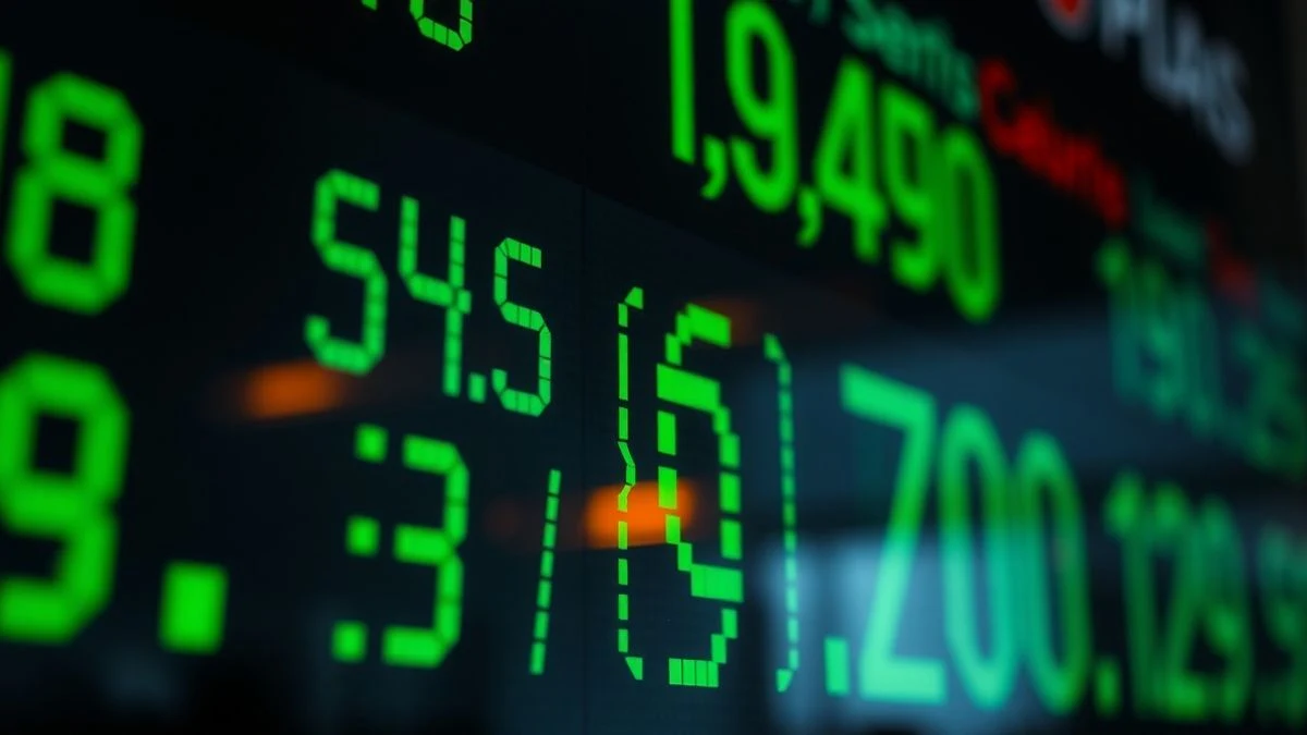 Close-up of a stock market ticker with illuminated green numbers