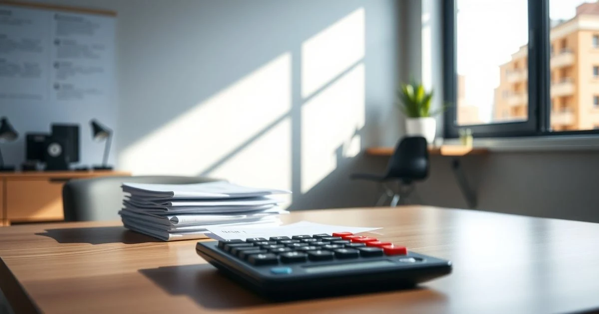 Office desk with medical leave forms and a calculator, illuminated by natural light