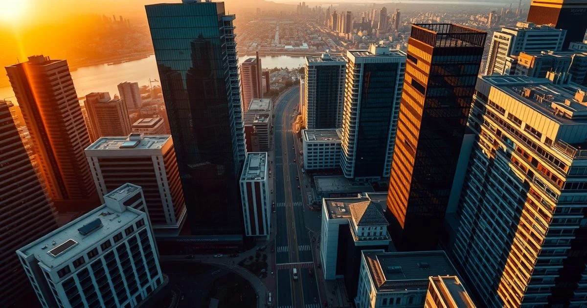 Vista aérea del distrito financiero de Santiago al atardecer, con rascacielos de cristal y avenida transitada.
