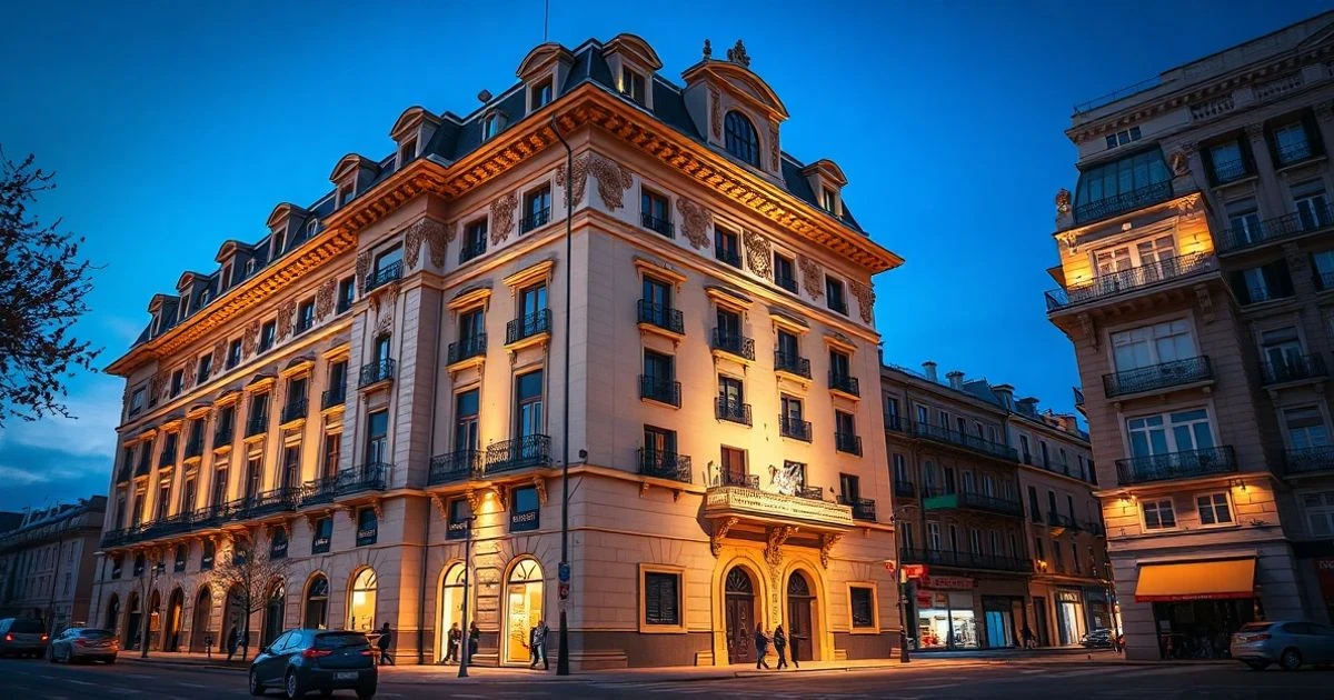 Facade of the Bank of Spain at sunset with dramatic lighting.