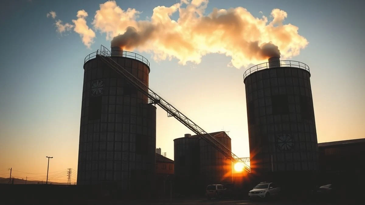 Cement factory silo at sunset in Spain
