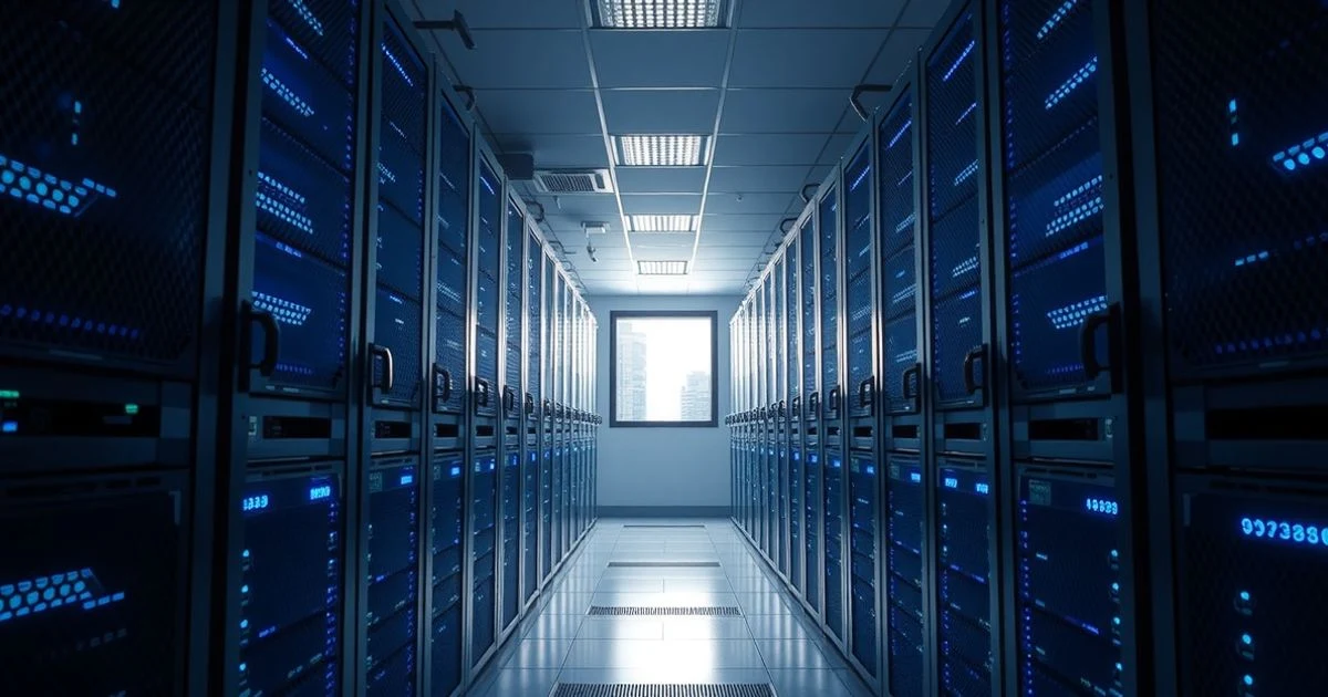 Aisle of a data centre with server racks illuminated in blue, without people