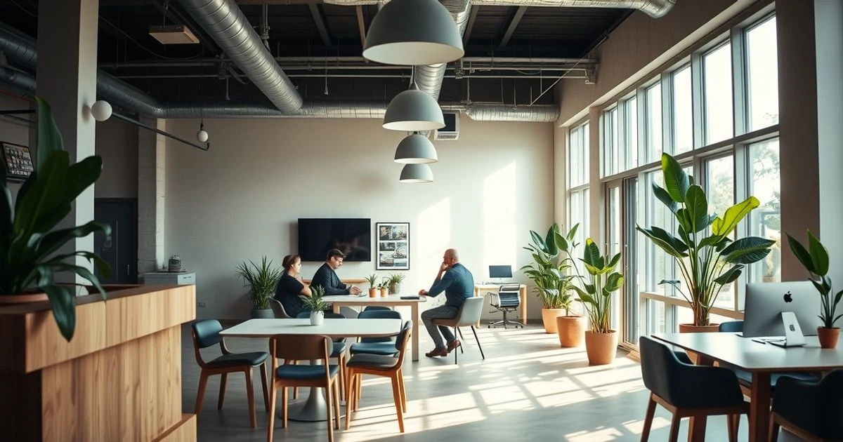 Young people working in teams in a modern coworking space with screens and whiteboards
