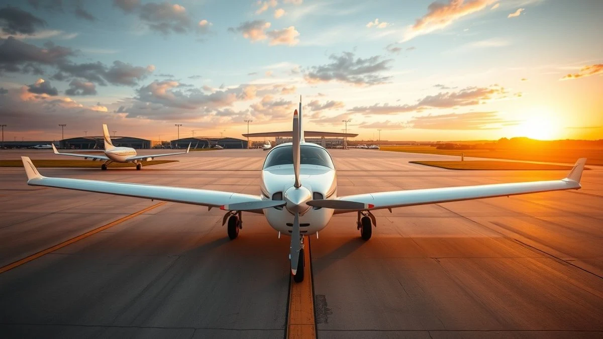 Twin-engine plane parked on the runway of Sevilla airport at sunset