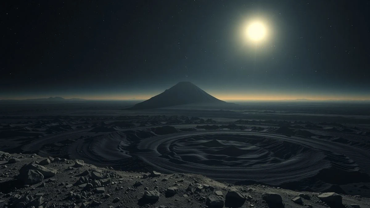 Crater with a central peak rising on an asteroid, under a starry sky