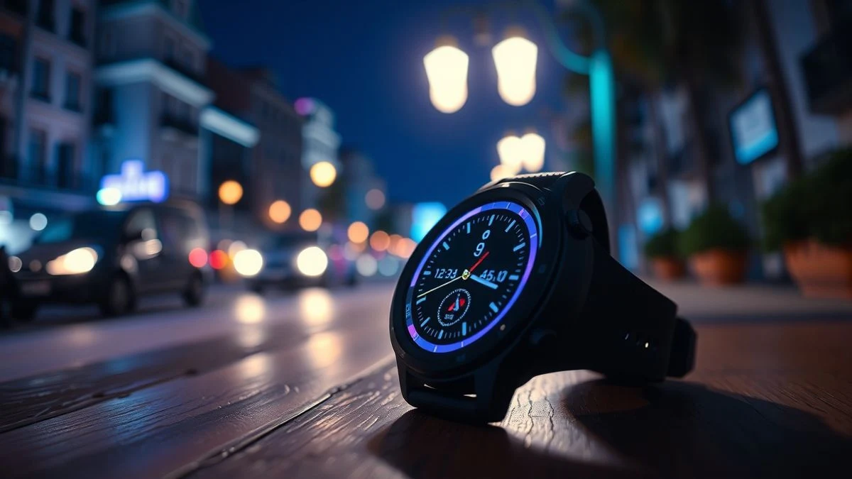 Illustrative image: a smartwatch with the screen on resting on a wooden table, illuminated by night neon light.
