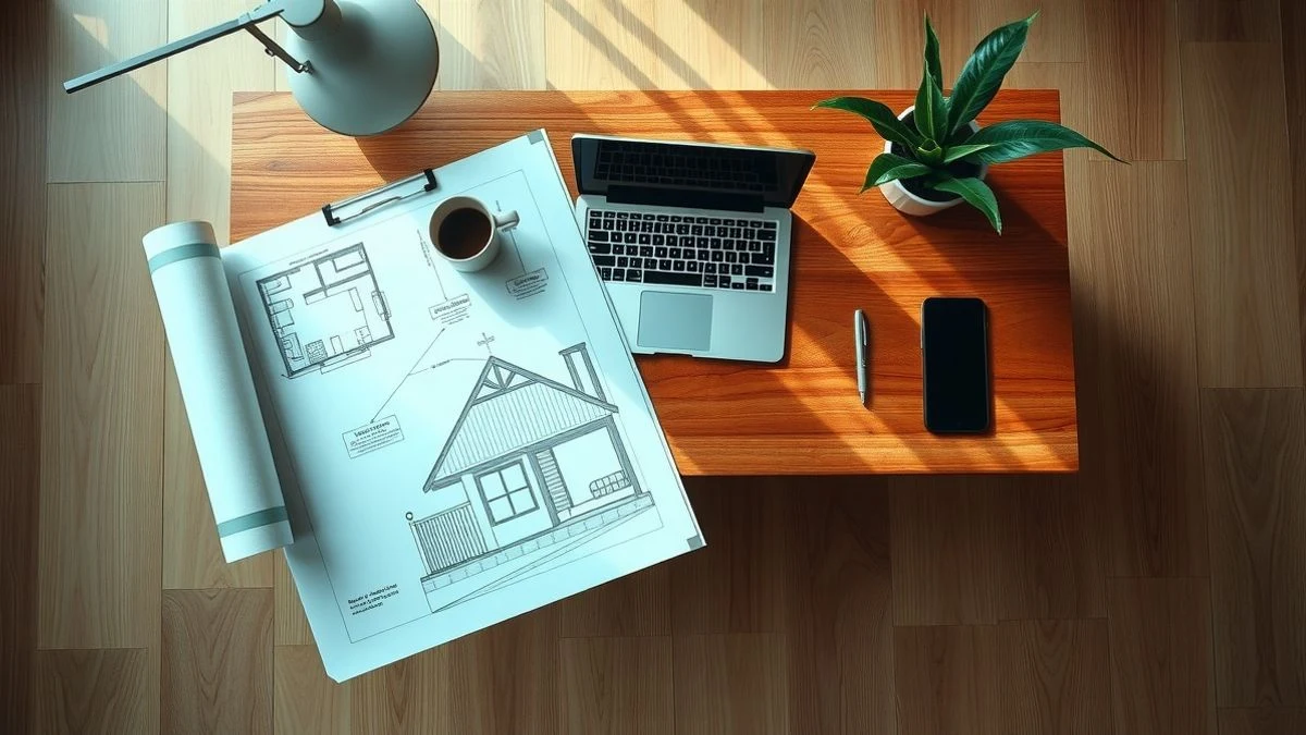 Imagen ilustrativa: vista cenital de un escritorio con portátil, taza de café y plano de una casa, en un contexto de fiscalidad y vivienda
