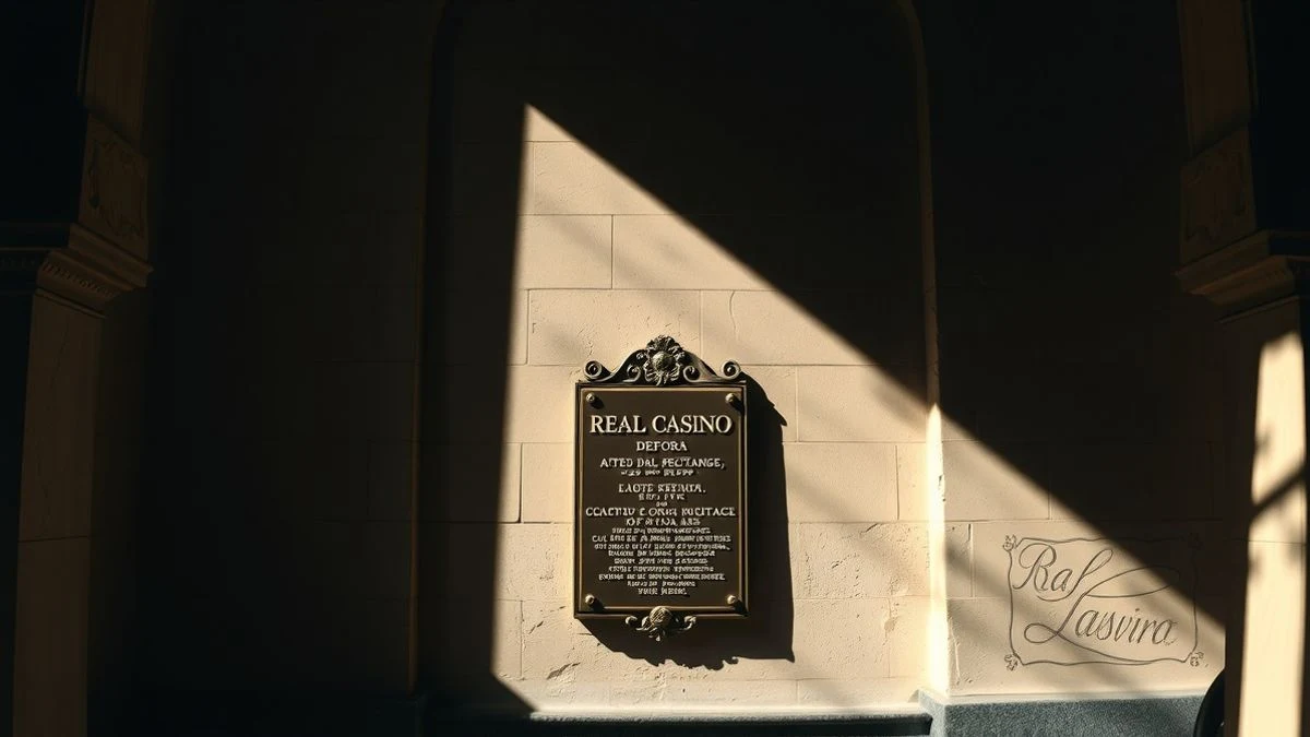 Facade of the Real Casino de Tenerife with a bronze plaque, natural light and blurred background.
