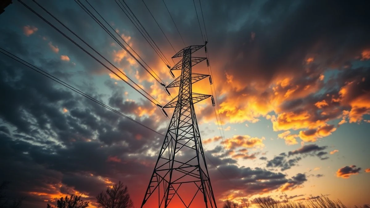 Illustrative image: a large high-voltage tower silhouetted against an orange sky at sunset, with electrical cables extending towards the horizon.