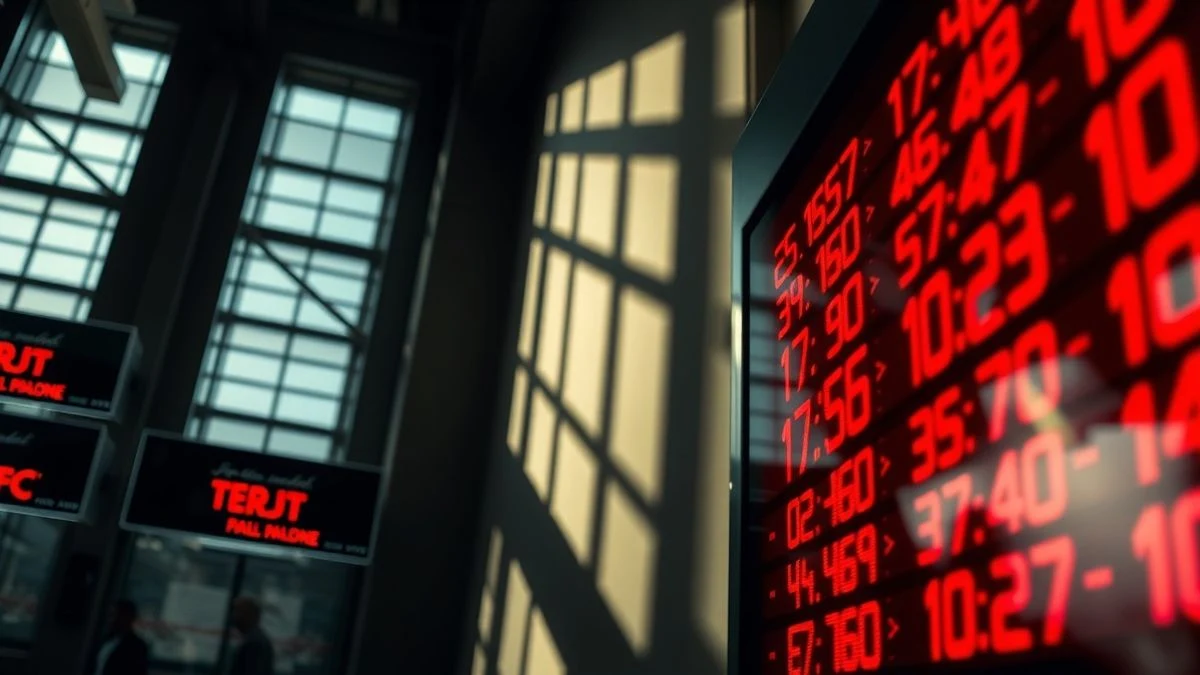 Imagen ilustrativa: panel de cotizaciones bursátiles con números en rojo y luz natural dramática en una sala de trading vacía.