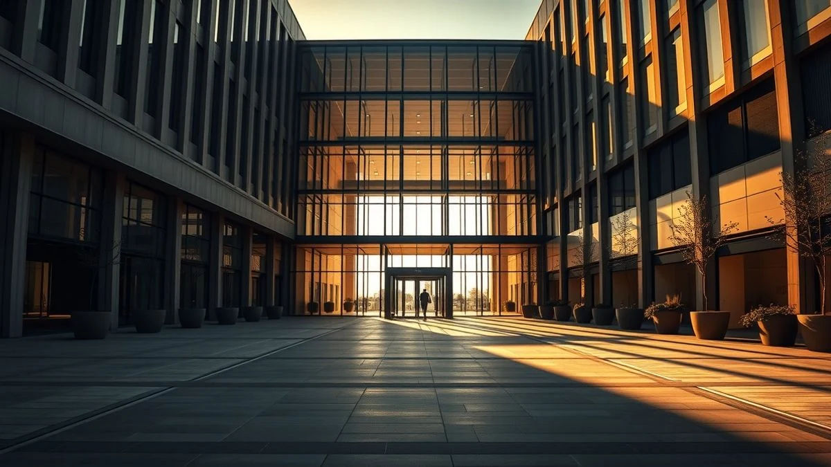 Illustrative image: facade of a modern office building with converging architectural lines at sunset