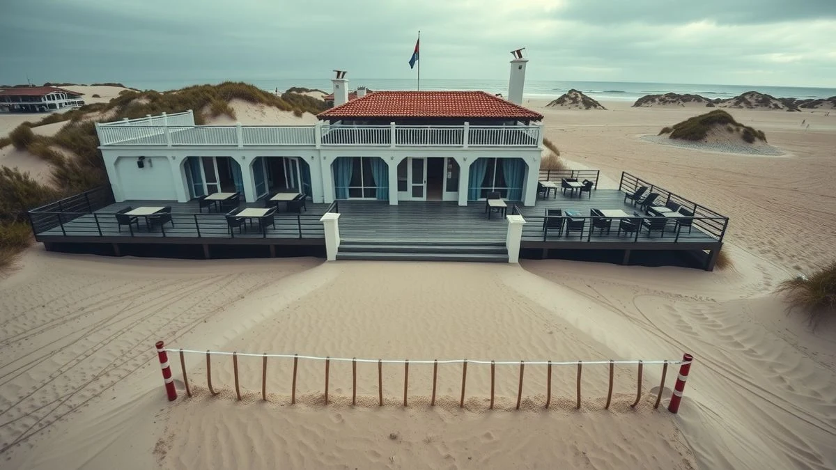Illustrative image: aerial view of a lodge on the beach with a blocked sandy path, empty tables and chairs on a wooden terrace, coastal dunes in the background, cloudy sky