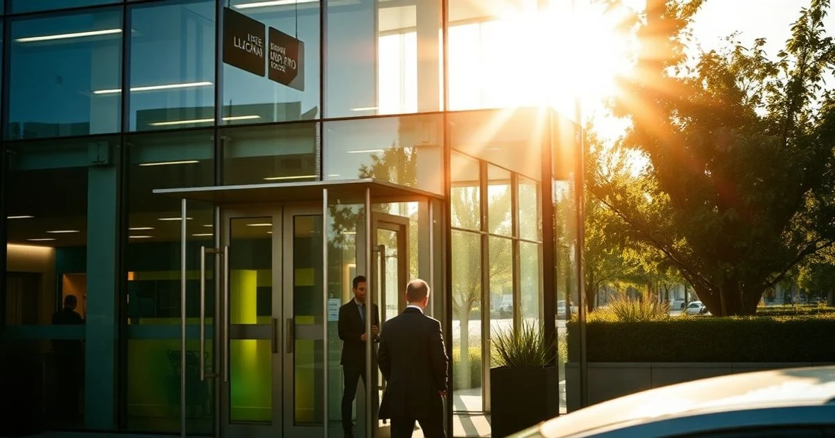 Facade of an office building with people waiting outside, natural light